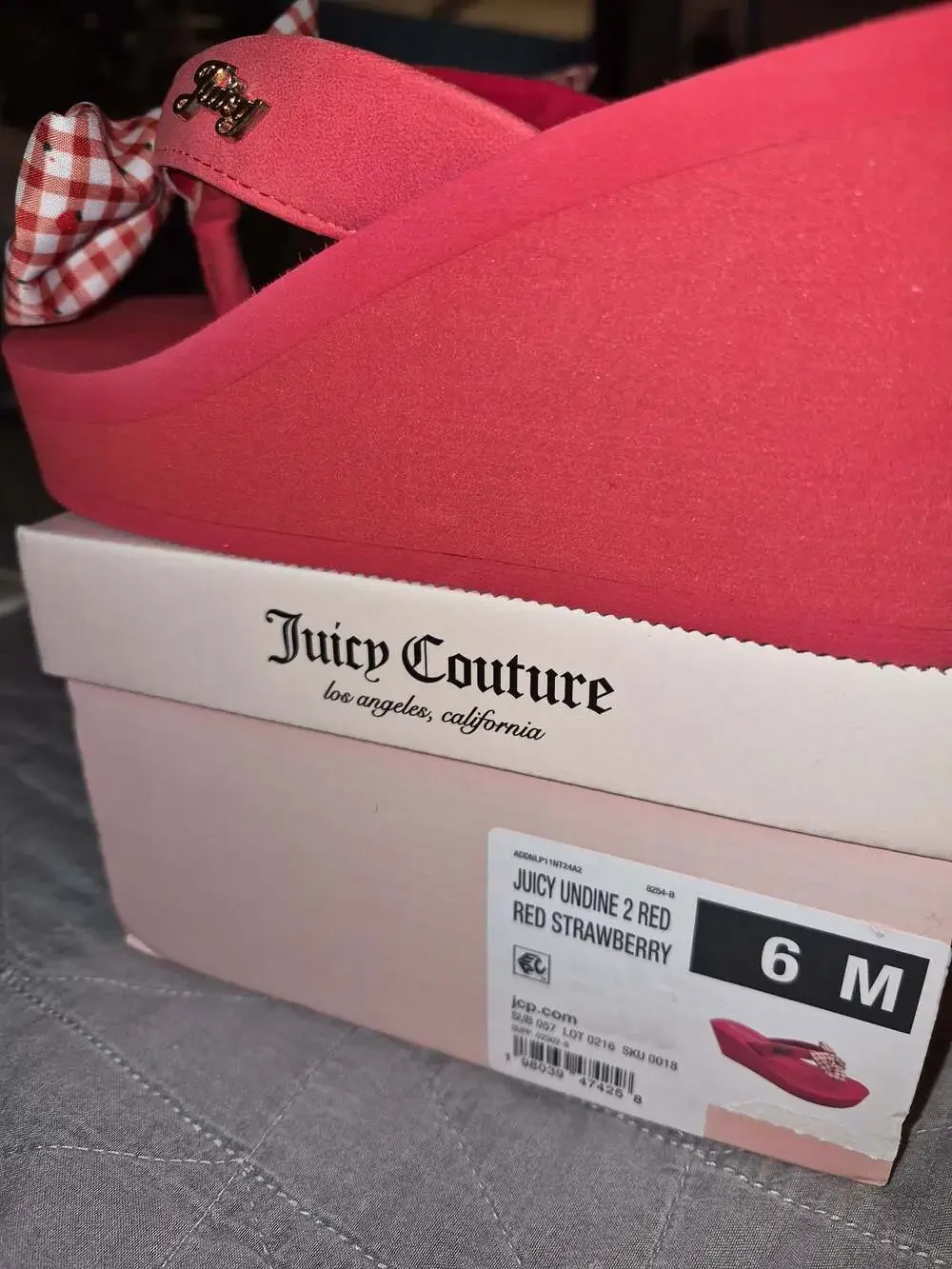 Juicy Couture Undine 2 Red Strawberry Wedge Sandals With Gingham Bow